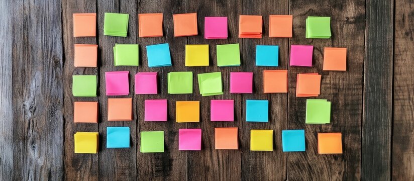 House cleaning concept illustrated with colorful sticky notes arranged harmoniously on a wooden table promoting organization and productivity tips