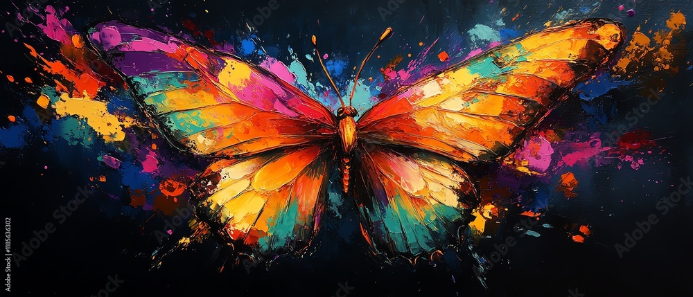 Poster abstract art of a butterfly with colorful wings, paint splashes and dynamic strokes, fluid and expre