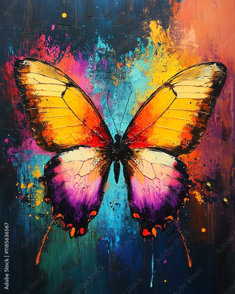 Poster abstract butterfly with kaleidoscopic wings, splashes of color, fluid brush strokes, vibrant and ene