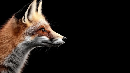 Obraz premium Red fox profile against a dark bokeh background highlighting its distinctive features and vibrant fur colors.