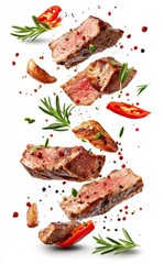 Freshly Grilled Meat Pieces with Spices and Garnishes Floating in Air, Showcasing Juicy Texture and Flavorful Ingredients for Culinary Inspiration