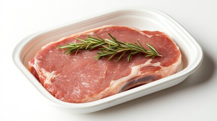 Raw pork steak garnished with fresh rosemary ready for cooking in a white tray on a bright background