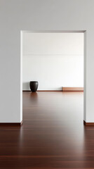 Minimalist interior design featuring a spacious room and a decorative vase
