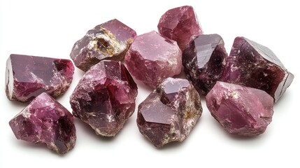 Obraz premium Raw red garnet crystals showcasing natural beauty on a white background ideal for jewelry design and mineral collection imagery