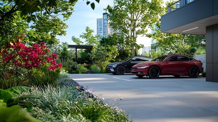 Obraz premium Luxurious rooftop parking lot with seamlessly integrated fitness trails and lush verdant landscaping in a modern eco friendly residential building