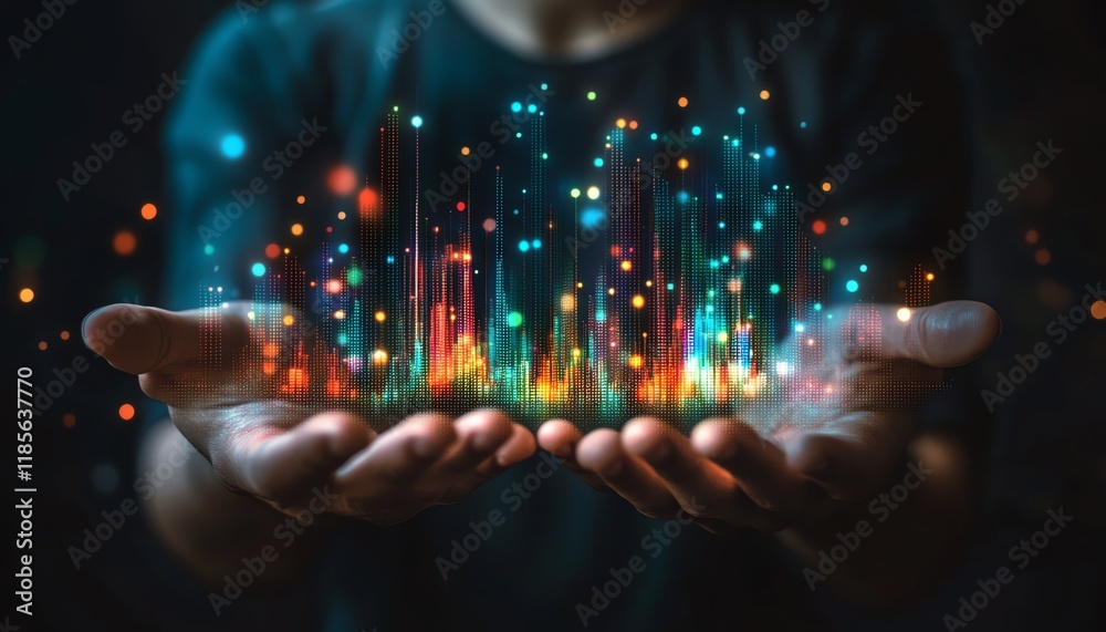 Poster businessman presenting digital marketing graph with glowing data visualization, dark futuristic back