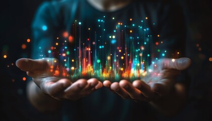 Businessman presenting digital marketing graph with glowing data visualization, dark futuristic background, 3D technologydriven business strategy, hightech design