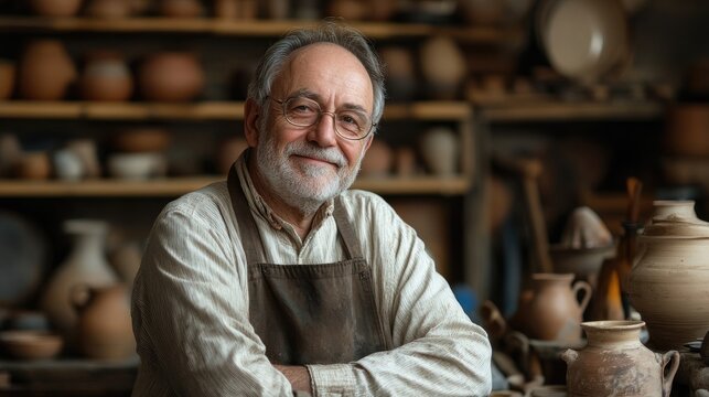Senior artisan smiling in pottery workshop showcasing craftsmanship and creativity in a rural setting during a well-deserved break