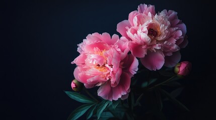 Pink peonies elegantly illuminated against a dark background showcasing their delicate petals and vibrant colors in a striking floral composition