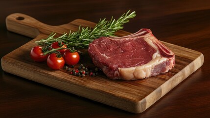Raw steak on wooden cutting board with cherry tomatoes and fresh rosemary ready for cooking in gourmet kitchen setting