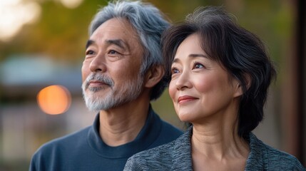 Joyful middle aged Asian couple reflecting together outdoors with serene expressions and a soft natural background ambiance
