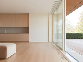 Modern minimalist interior design with large windows and wooden elements for a serene atmosphere