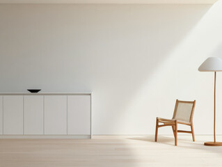 Fototapeta premium Minimalist interior design featuring a wooden chair and modern lamp in a serene space