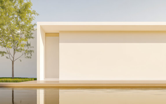 Modern architectural design featuring minimalist building beside tranquil water body