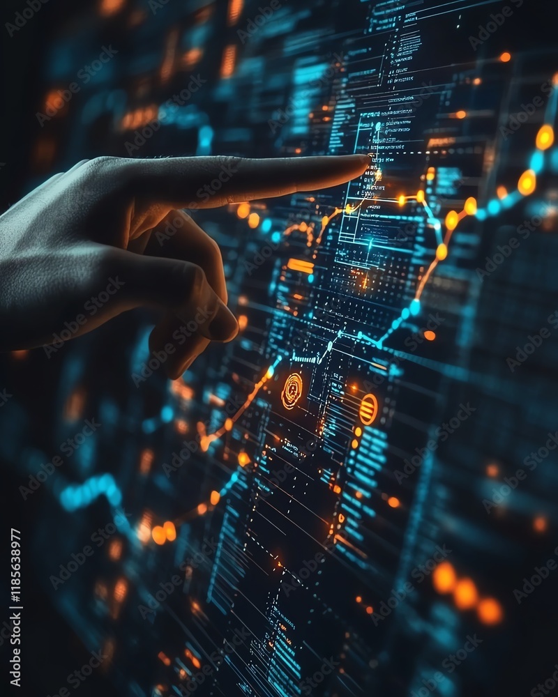 Fototapete Futuristic businessman presenting glowing digital marketing graph with data visualization, dark background, 3D design, advanced business strategy, techdriven visual concepts