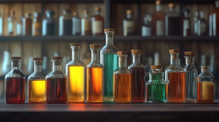 Colorful Reagent Bottles Displayed in a Scientific Laboratory Setting with Wooden Shelves in the Background