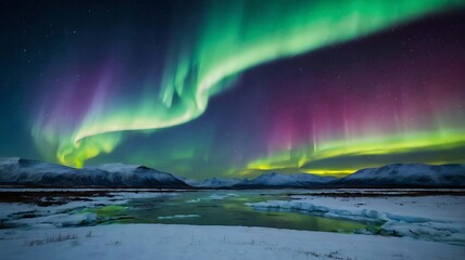 Naklejka premium A glowing colorful aurora over an icy tundra, with snow-covered hills and a starry sky .