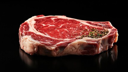 Fresh raw steak with seasonings on glossy black surface ideal for culinary promotions and advertisements. Space to add text overlay.