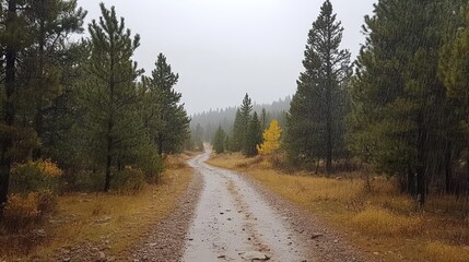 Fototapeta premium Rainy Pine Forest Pathway in Fall Nature Scene with Wet Trail and Green Pine Trees Under Overcast Sky