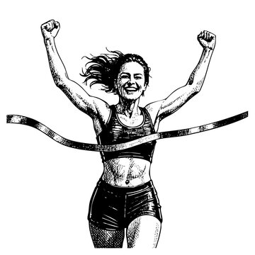 woman running finish sketch engraving black and white outline. Scratch board imitation.

