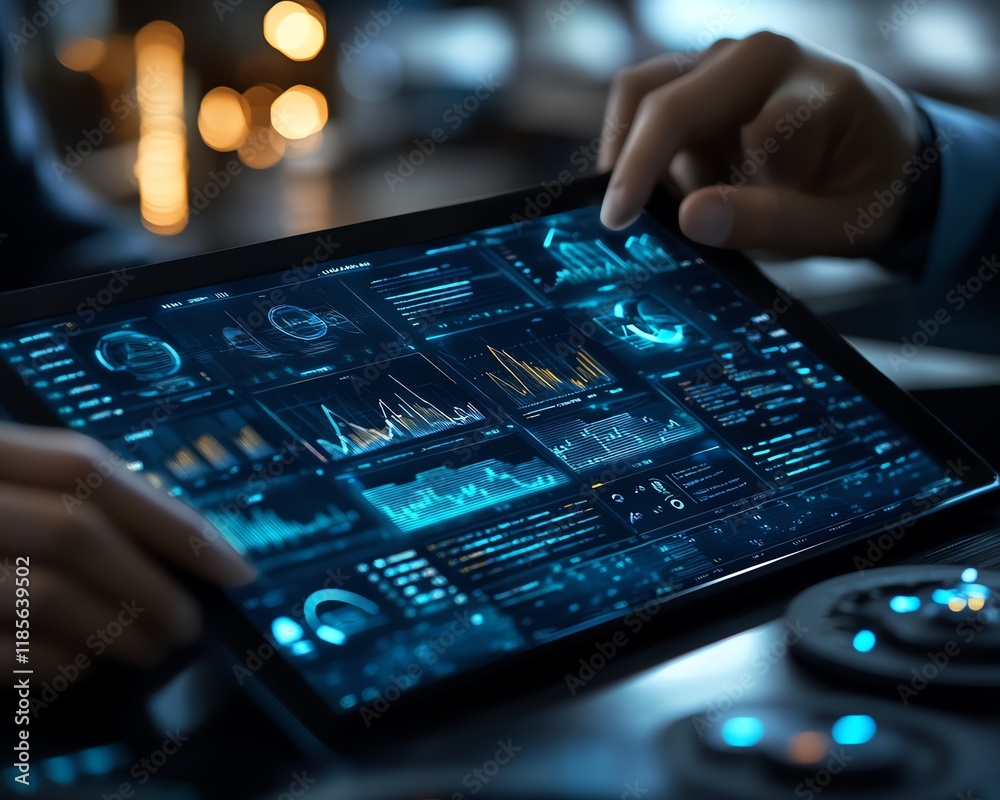 Poster Hightech businessman using a digital tablet to plan innovative project, futuristic workspace, dynamic 3D interface, holographic project visualization, modern design elements