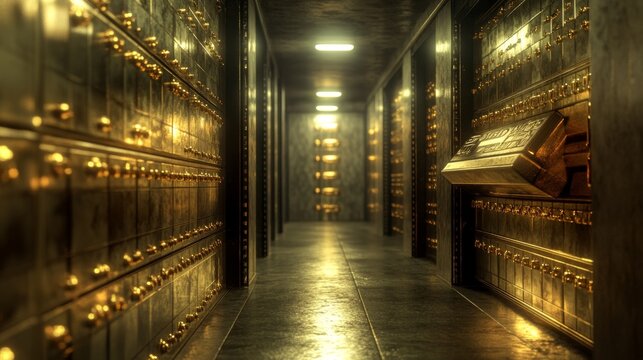 Vault heist action scene abandoned bank digital art dark environment cinematic viewpoint intrigue concept