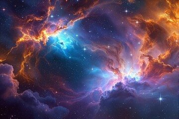 Obraz premium Stunning cosmic nebula with glowing orange and blue clouds, surrounded by twinkling stars in deep space, evoking the beauty of the universe. Ai generative
