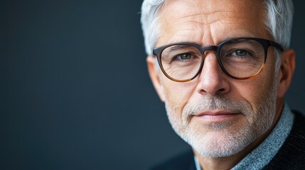 Obraz premium Senior business professional with glasses and grey hair against a dark background showcasing confidence and experience in the corporate world