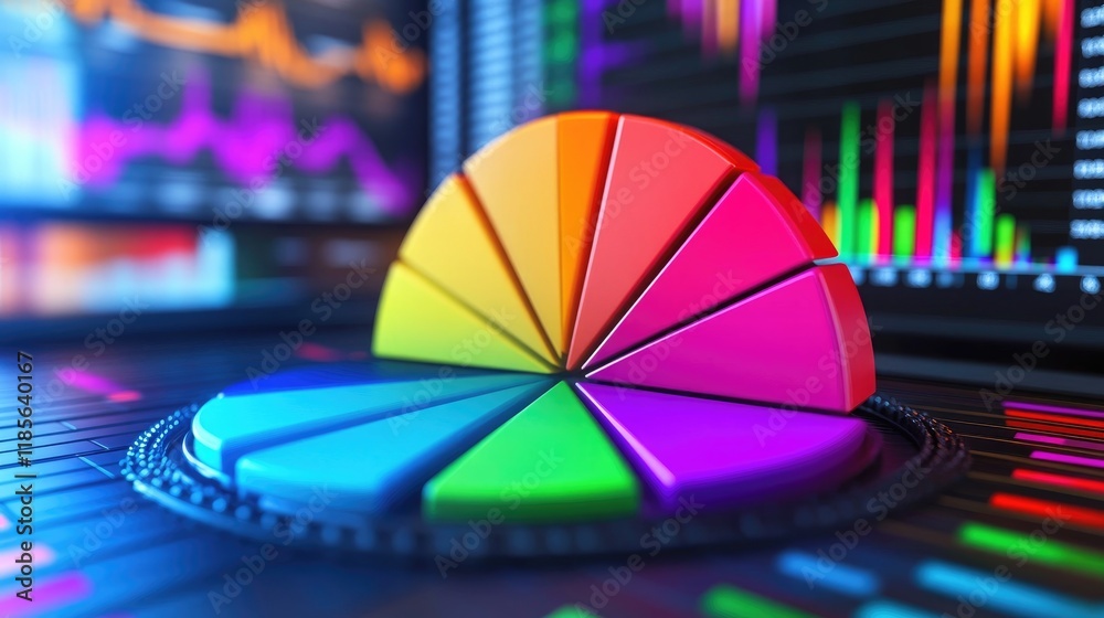 Poster a colorful pie chart with different sections in vibrant hues, displayed on a computer screen in a mo
