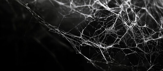 Intricate spider web close up with dark background showcasing delicate patterns and textures perfect for creative design and text overlay.