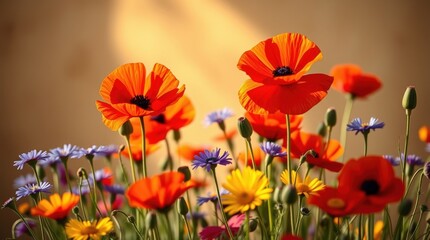 Obraz premium Bright floral arrangement with poppies and cornflowers on blurred neutral background