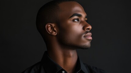 Obraz premium Serious young businessman in profile against a dark background showcasing confidence and professionalism in a contemporary portraiture.