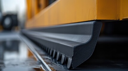 Close up of a textured black rubber edge on an industrial construction vehicle showcasing durability and design in machinery components