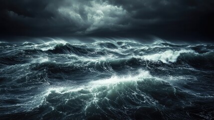 Fototapeta premium Aerial view of turbulent ocean waves at night with stormy weather and dramatic clouds ideal for nature or weather-related projects