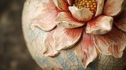 Intricate Ceramic Flower Vase: A Close-Up of Delicate Petals and Crackled Glaze