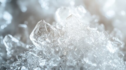 Macro shot of sparkling white salt crystals highlighting their texture and clarity in a soft light background