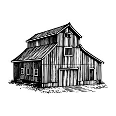 barn on farm land sketch engraving black and white outline. Scratch board imitation.  © ascrea