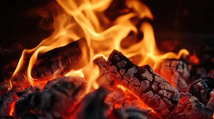 Close up of glowing flames and vibrant embers in a cozy fireplace setting creating a warm and inviting atmosphere