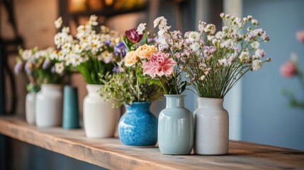 Fototapeta premium Colorful flower arrangements in various vessels displayed on a rustic wooden counter creating a vibrant and inviting atmosphere