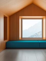 Fototapeta premium Cozy interior design with large window showcasing mountain view in modern space