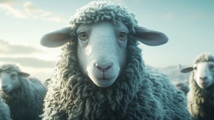 Fluffy sheep portrait in a serene farm landscape capturing the essence of rural life and livestock farming.