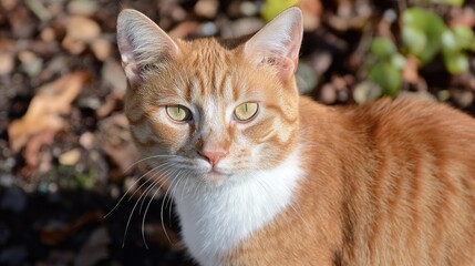 Ginger cat portrait with striking green eyes against a natural background showcasing its distinct fur pattern and expression.
