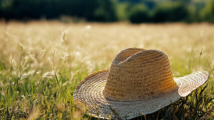 A straw hat in a field of tall grass on a sunny day