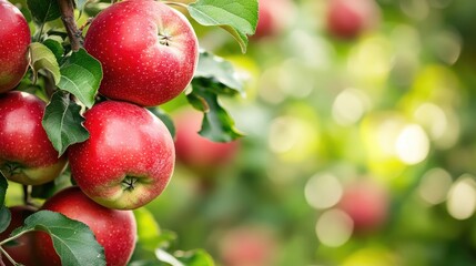 Obraz premium Vibrant Red Apples Hanging on Lush Green Orchard Branch with Soft Focus Background