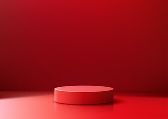 Chinese New Year 3D Red Cylindrical Podium with Reflective Floor and Bold Monochromatic Design for Product Displays and Showcases