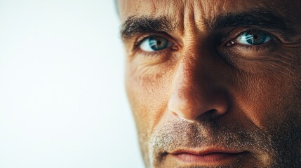 Fototapeta premium Intense close-up portrait of a mature man highlighting facial textures and piercing blue eyes against a minimalist white backdrop