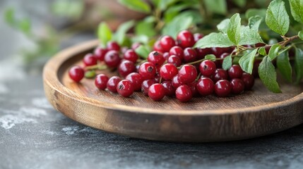 Freshly picked bilberries on a rustic wooden plate showcasing vibrant colors and natural textures in a close-up composition.