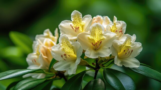 Rhododendron Udea flowers in full bloom showcasing delicate yellow and cream petals surrounded by vibrant green foliage near a house