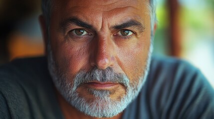 Obraz premium Close up portrait of a mature man with expressive eyes emphasizing wisdom and character against a softly blurred background
