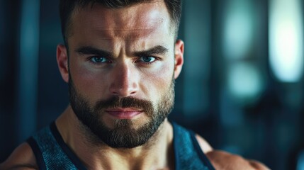 Fototapeta premium Muscular man in sportswear with intense gaze in gym setting showcasing fitness and determination for motivational purposes